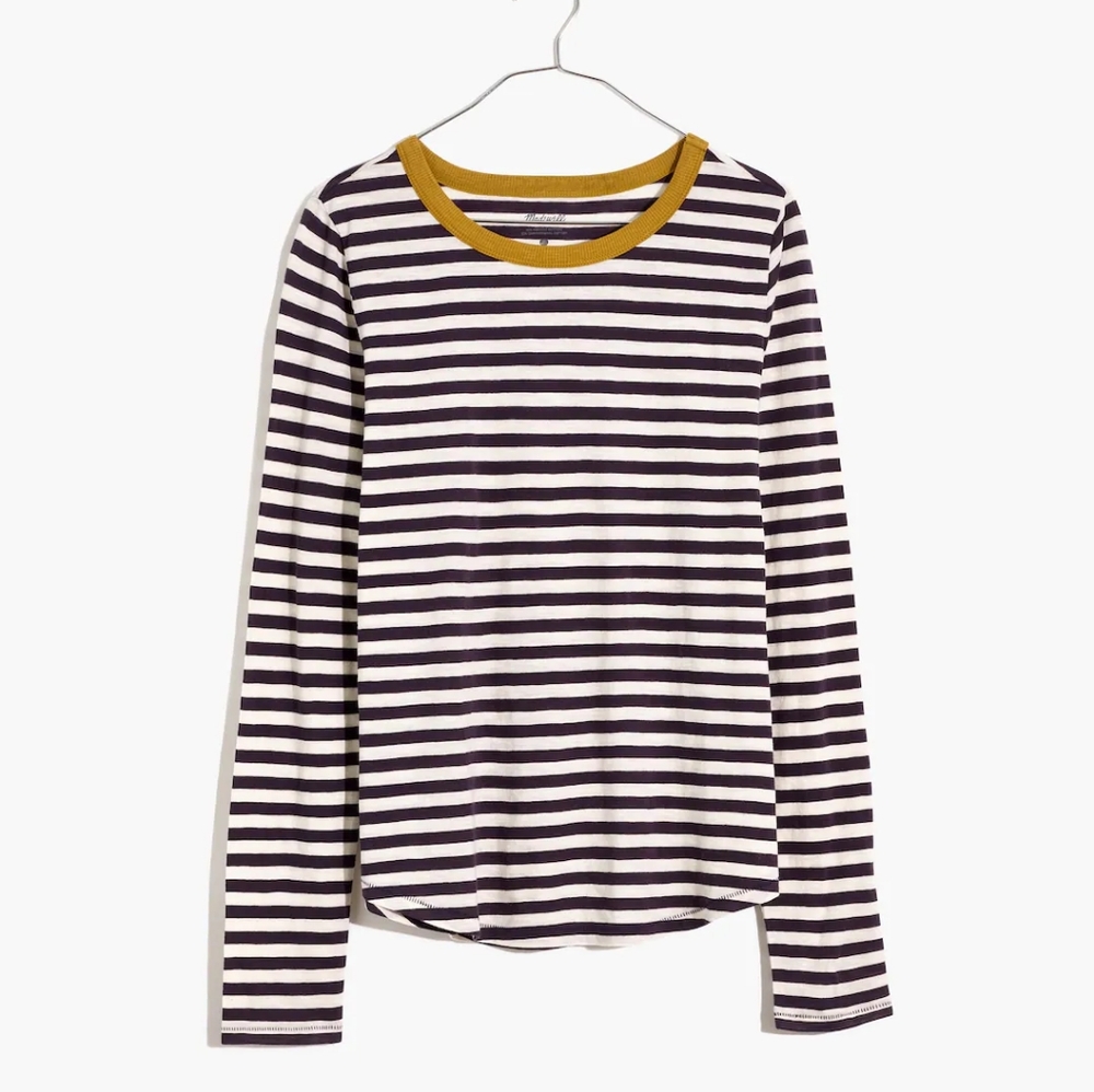 Madewell Whisper Cotton Rib-Crewneck Long-Sleeve Tee in Mulford Stripe Size S